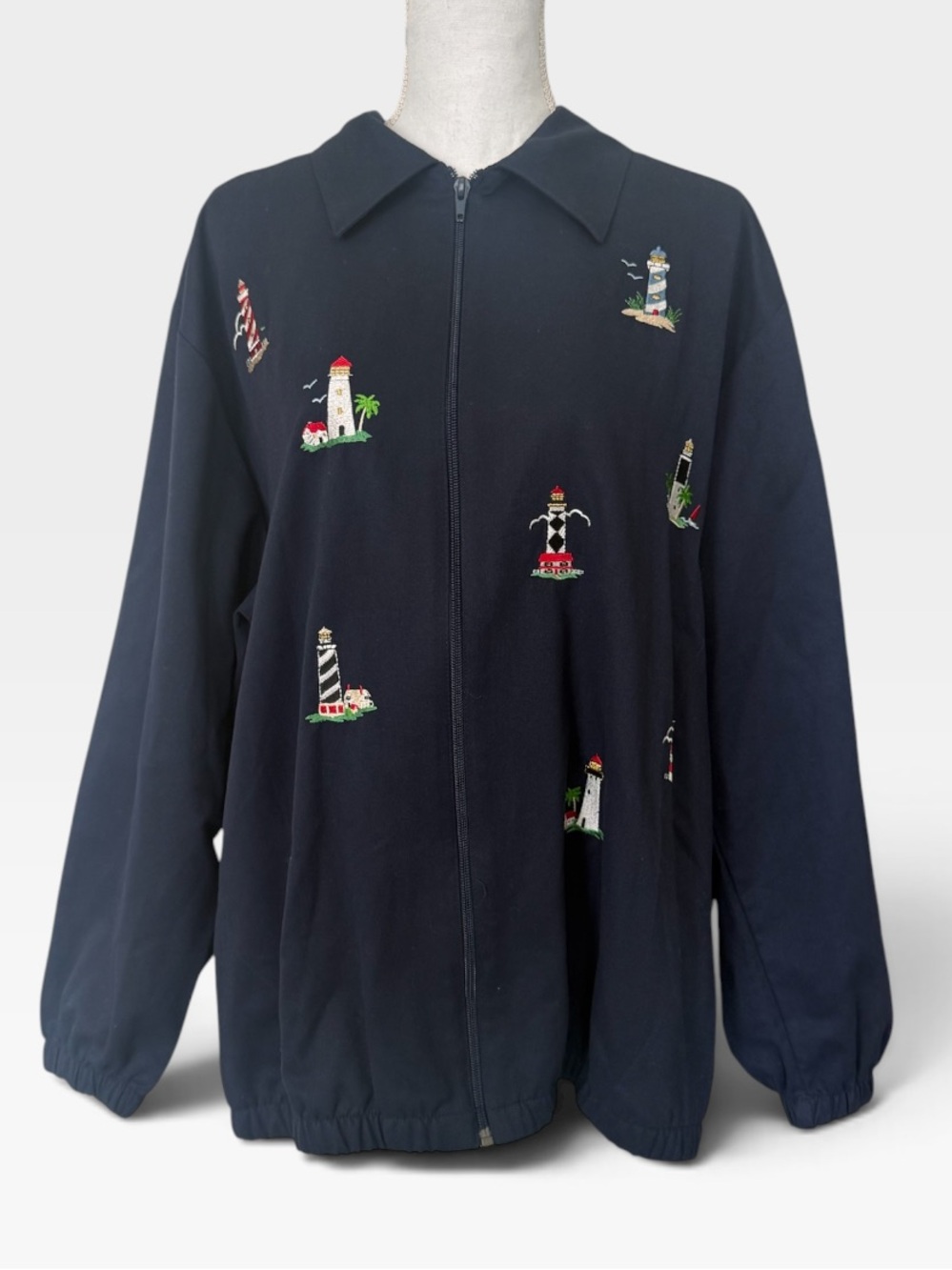 Vintage BonWorth Navy Blue Embroidered Lighthouse Zip Up Jacket